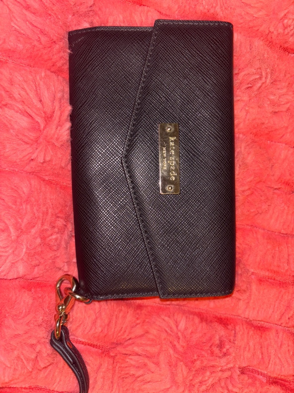 kate spade Black Saffiano Leather Wristlet with Gold Plate